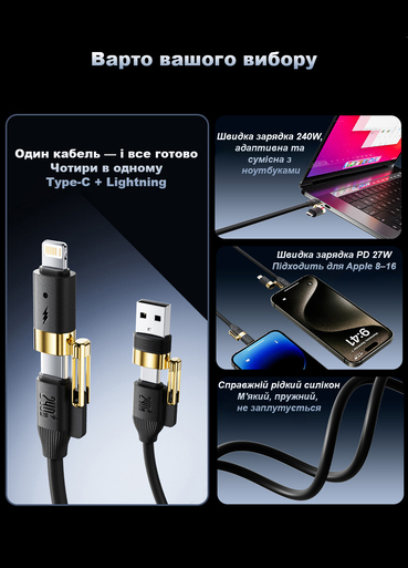 Кабель Basemo BO24240 (A+C-C+L) 4-in-1 Super Fast Charge 240W, 480 Mbps, 2 метра Кабель Basemo BO24240 (A+C-C+L) 4-in-1 Super Fast Charge 240W, 480 Mbps, 2 метра
